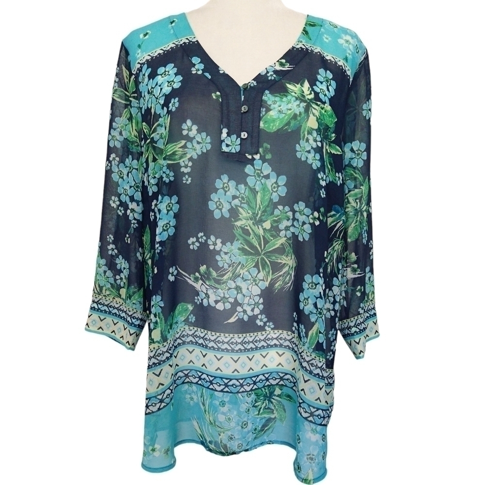 J. Jill Blue Floral Sheer V-Neck 3/4 Sleeve Tunic Boho Elegant Lightweight